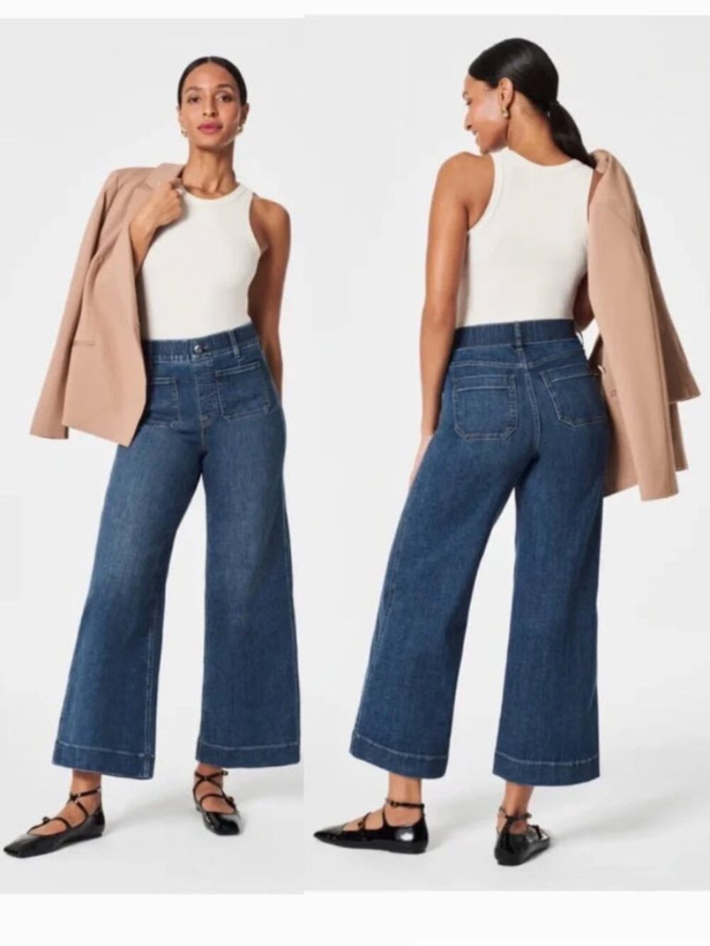 SPANX Pull-On Wide Leg Flare Jeans Stretch Denim Medium Wash Small